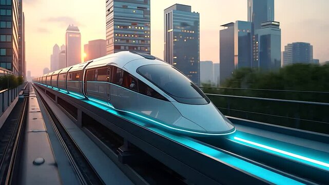 Futuristic High-Speed Train Traveling Through City at Sunset