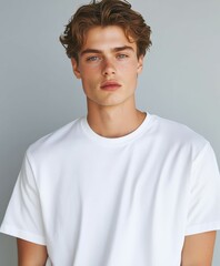 Fototapeta premium Young man wearing an oversized t-shirt, standing against a plain backdrop