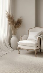 White armchair and dried flowers in vase by window.