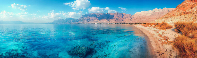 Obraz premium Scenic coastal landscape with crystal clear blue water and mountains in the background. 