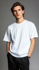 Obraz premium Stylish individual in oversized white t-shirt and black pants indoors