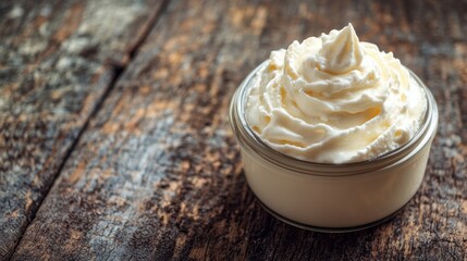 Whipped cream in a glass jar on an aged wooden table