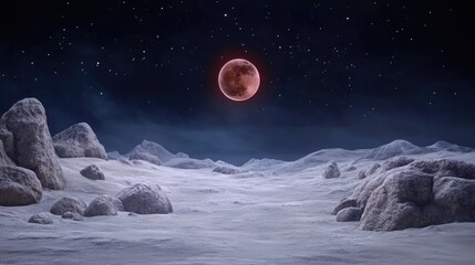 A luminous red eclipse casts an eerie glow over rocky mountains in a dark landscape, enhancing the mysterious and thrilling ambiance of the night sky