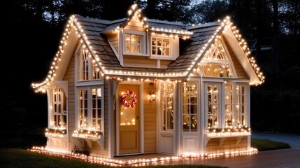 Fototapeta premium A stylish home showcases white Christmas lights and candy cane decorations at night, highlighted by a welcoming bright yellow door