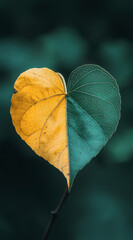 Heart-shaped leaf with contrasting green and yellow halves, isolated on a transparent background  
