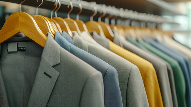 A row of colorful suits neatly arranged on wooden hangers in a clothing store, showcasing a variety of professional wardrobe options.