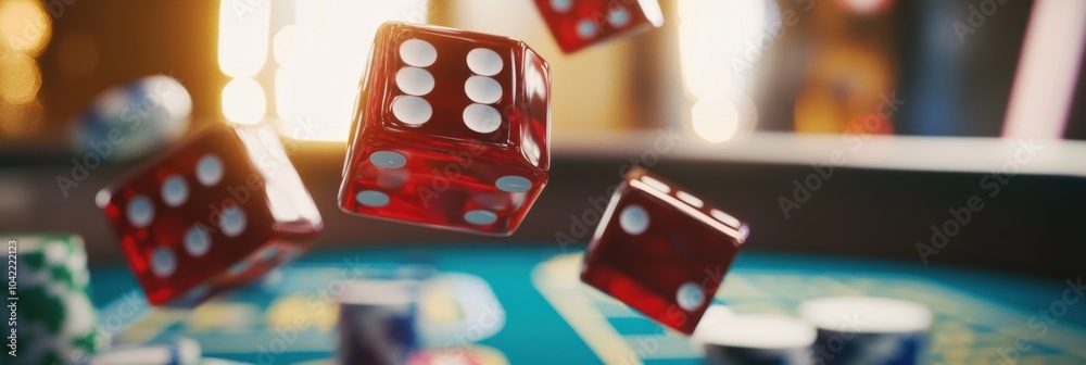 Poster Red dice are flying above a craps table, surrounded by scattered chips, capturing the thrill of a lively casino atmosphere. Generative AI