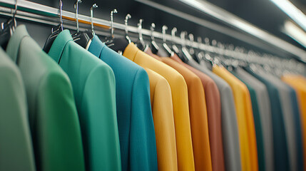 Fototapeta premium Colorful jackets neatly hung on a rack, showcasing a variety of vibrant hues, creating an organized and appealing display in a fashion store setting.