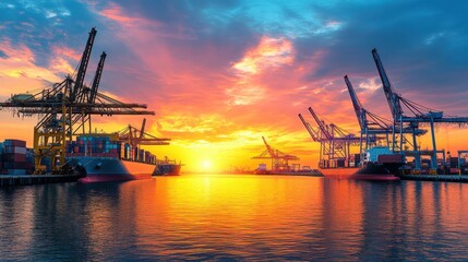 Fototapeta premium A vibrant shipping dock at dawn, with cranes and ships set against a colorful sunrise sky, symbolizing the growth and interconnectedness of global trade
