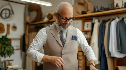 A tailor in a well-organized workshop meticulously adjusts a vest, surrounded by suits and tailoring tools.