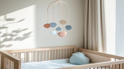 Soft pastel baby mobile hanging over a light oak crib in a serene nursery filled with gentle sunlight