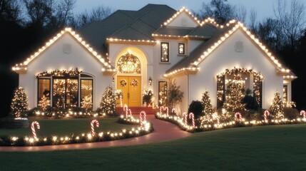 A stylish home showcases white Christmas lights and candy cane decorations at night, highlighted by a welcoming bright yellow door