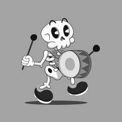 Black and white retro cartoon skeleton character playing a drum 
holding drumsticks in his hands. Halloween vector design element. Cute, creepy, weird, funny character. Cartoon retro style.