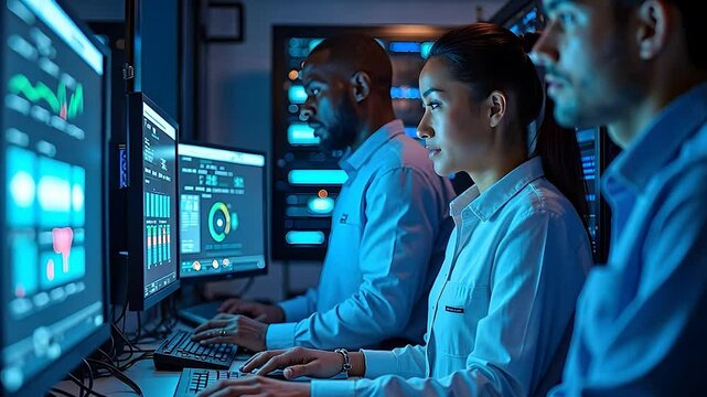 Diverse Team of IT Professionals Monitoring Data on Computer Screens