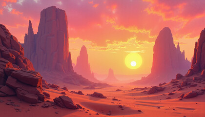 Naklejka premium Breathtaking desert landscape at sunset with towering rock formations and colorful sky