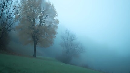 Obraz premium Misty autumn morning in the mountains, with colorful foliage and fog covering the peaks, creating a serene and calming atmosphere for visuals.