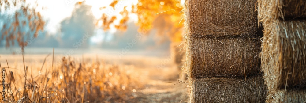 Aufkleber stacks of harvested hay stand tall against a backdrop of colorful autumn leaves under a bright fall 