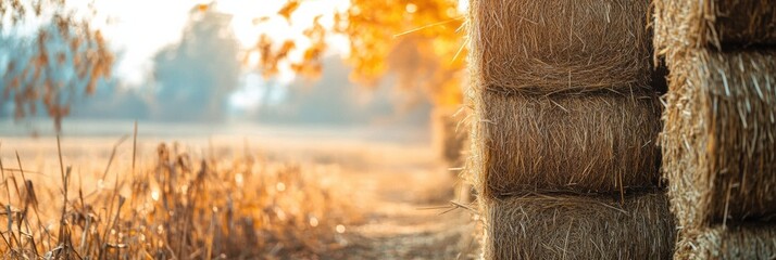 Stacks of harvested hay stand tall against a backdrop of colorful autumn leaves under a bright fall sun. Generative AI