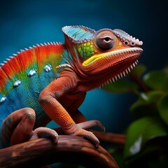 Obraz premium Camaleão vibrante, destacando-se contra o fundo natural do galho, com tons de verde, vermelho e azul.