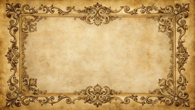 Reflected ornate renaissance frame border on weathered paper texture vintage