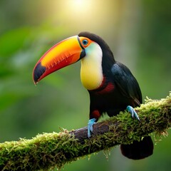 Fototapeta premium Tucano tropical em close-up, mostrando sua plumagem detalhada e bico multicolorido, com luz solar filtrada através das árvores.