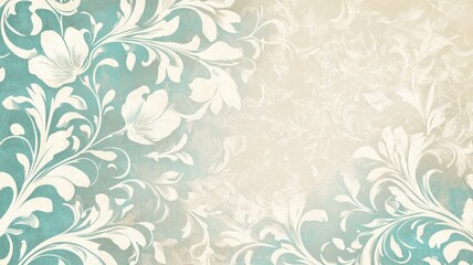 Turquoise and white vintage floral wallpaper with a soft, distressed texture