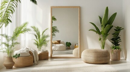 A cozy indoor space with lush greenery and a large mirror reflecting the inviting living area