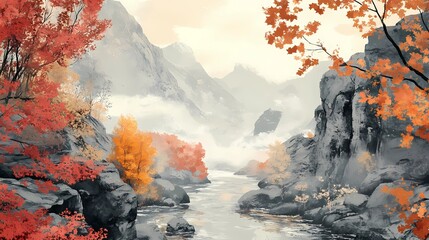 Fog-covered autumn mountain peaks, surrounded by vibrant fall colors and misty valleys, ideal for capturing the beauty of nature in stock images.