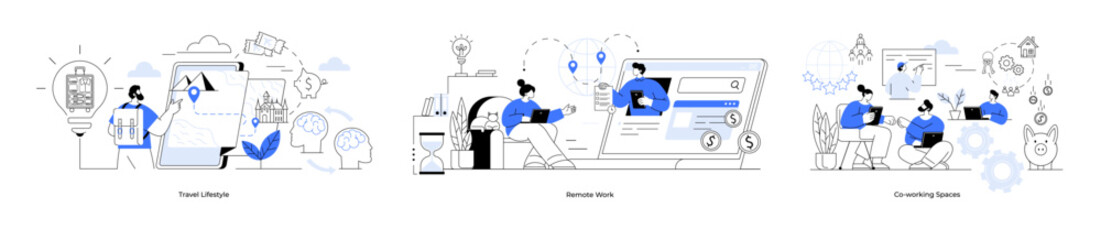 Remote work, travel lifestyle, co-working space. People analyzing financial data, discussing business strategies, collaborating on projects. Financial advice business solutions, teamwork communication © robu_s