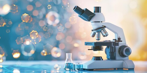 Microscope and beakers with blue bokeh background