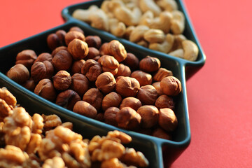 different types of nuts, Various snacks for the New Year table in a plate in the shape of a Christmas tree.