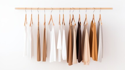 Wooden hangers with clothes on the rail in the store with woman's clothing for sale