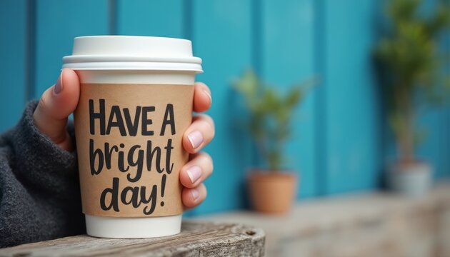 A close-up of a to-go coffee cup with the cheerful message Have a bright day! written on it, symbolizing positivity and morning vibes. The image conveys warmth and motivation.