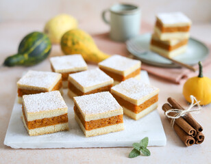 Pumpkin pie. Autumn dessert. Cinnamon sticks. Light orange background. Green plate and cup of coffee. 