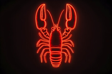 Obraz premium Vibrant red neon lobster icon isolated on black background.