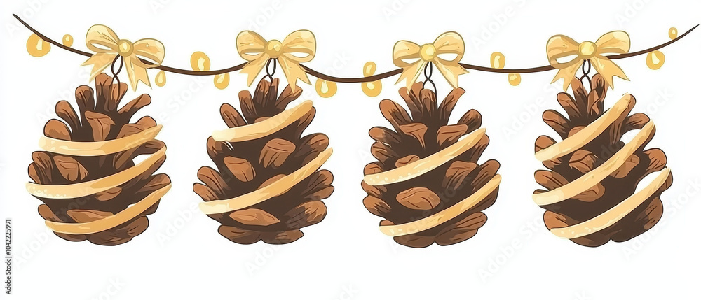 Wall mural decorative pine cones with ribbons hang on a string, highlighting a festive, warm atmosphere perfect