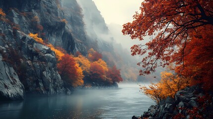 Fototapeta premium Fog-covered autumn mountain peaks, surrounded by vibrant fall colors and misty valleys, ideal for capturing the beauty of nature in stock images.
