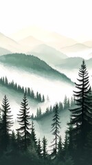 Fototapeta premium Autumn mountains shrouded in fog, with golden and red leaves on the trees, perfect for tranquil and reflective stock landscape photography.