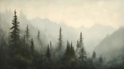 Autumn mountains shrouded in fog, with golden and red leaves on the trees, perfect for tranquil and reflective stock landscape photography.