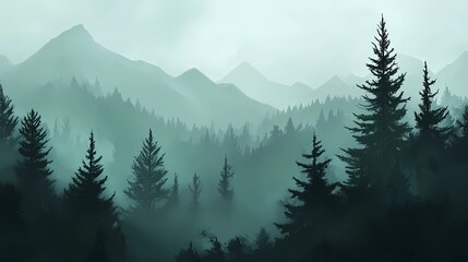 Autumn mountains shrouded in fog, with golden and red leaves on the trees, perfect for tranquil and reflective stock landscape photography.