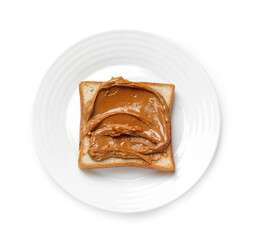 Delicious sandwich with peanut butter isolated white, top view