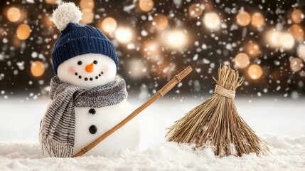 A joyful snowman stands amidst softly falling snowflakes, adorned with a blue hat and scarf, brightening the serene winter landscape