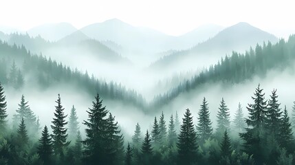 Autumn mountains shrouded in fog, with golden and red leaves on the trees, perfect for tranquil and reflective stock landscape photography.