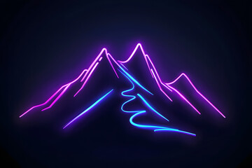 Neon silhouette of mountain hike trail icon isotated on black background.