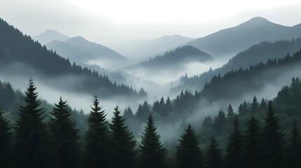 Autumn mountains shrouded in fog, with golden and red leaves on the trees, perfect for tranquil and reflective stock landscape photography.