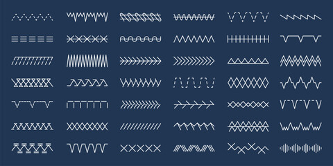 Sewing stitches. Structures and different types of embroidery ornament stitch lines recent vector templates set