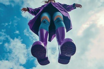 an adult young woman in purple rubber boots and purple raincoat jumping over the camera, film still, HQ, highly detailed, incredible lighting, daylight, view from underneath