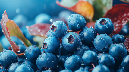 Fresh blueberries glisten with droplets, surrounded by vibrant leaves