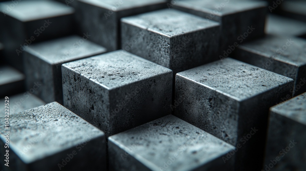 Aufkleber The arrangement features a series of textured concrete cubes, showcasing intricate details and variations in shadow, emphasizing depth and structure.