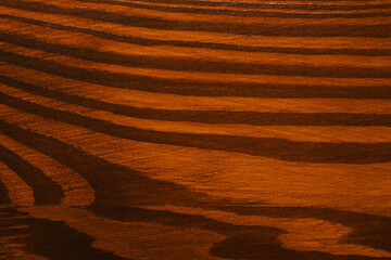 Naklejka premium Texture of wooden surface after applying walnut wood stain as background, top view